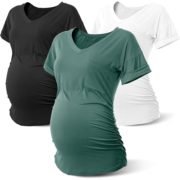 SUNNYBUY 3-Pack Maternity Tops - Side Ruched V-Neck Pregnancy Shirts (Black, Red, Green) XX-Large