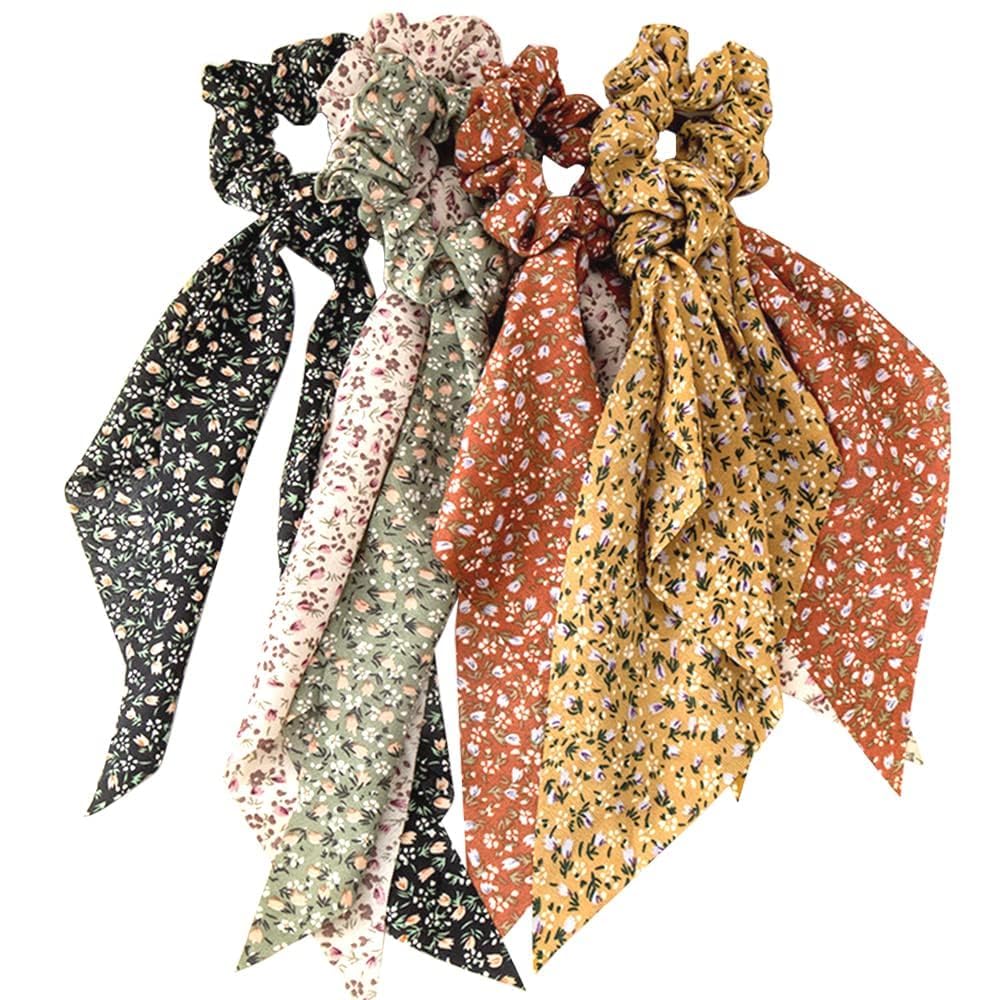 Pleenild 5 Pcs Hair Scarf Scrunchies Bowknot Ponytail Chiffon Hair Scrunchies Chiffon Vintage Flower Pattern Holder Scrunchy Hair Ties for Women Girls Hair Accessories