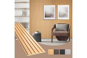 OUZUGIE WPC Acoustic Slat Wall Paneling, 8-Pack 96 x 6 Inches 3D Wall Panels for Interior Wall Decor,Living Room,TV Background,Study Room,Office Spaces,Bedroom,Low Grille (Oak)