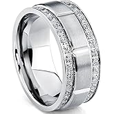 Metal Masters Men's Titanium Wedding Band Ring with Double Row Cubic Zirconia, Comfort Fit Sizes, 9MM 8 to 12