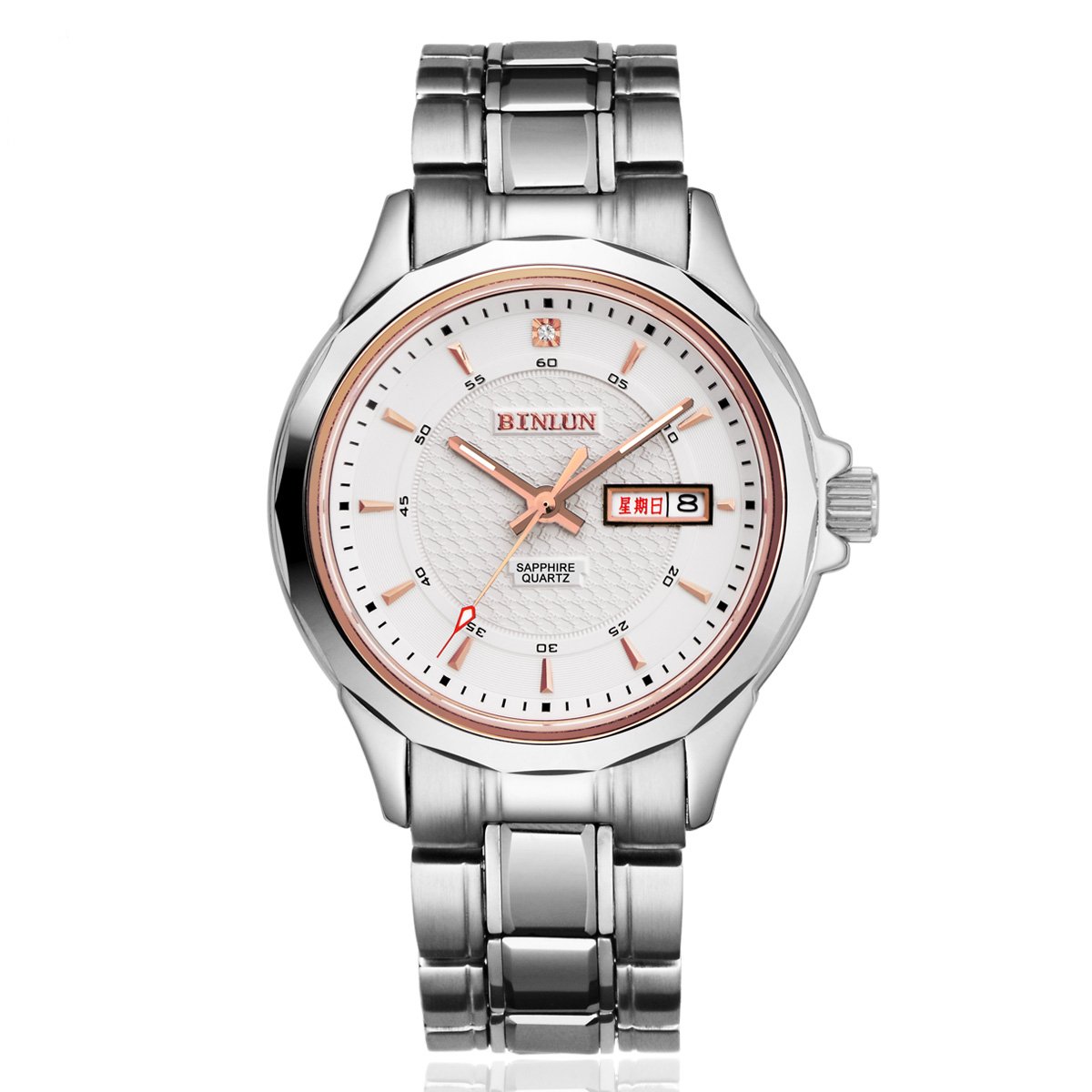BINLUN Mens Dress Watches Stainless Steel Waterproof Calendar Day Date Luminous Quartz Wristwatch Valentine