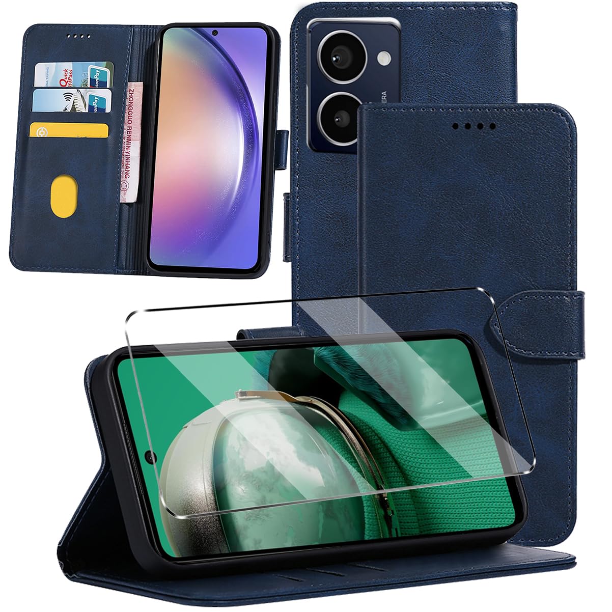 2-in-1 Case Compatible with HMD Pulse Plus / Pulse Pro Leather Phone Case, Wallet Case Cover [Card Slots] [Kickstand] Magnetic Closure Full Protection Book Folio Design wallet flip phone case - Navy
