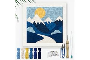 DOODLREAM Mountains DIY Punch Needle Embroidery Kit for Adult Beginner, 9.4" Landscape Sunrise Punch Stitching Craft Set for Starter with Frame, Fabric Pattern, Threader, Yarn, Pinch Needle