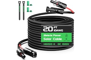 10AWG 20FT Twin Wire Solar Panel Extension Cable, Bateria Power 10 Gauge PV Wire with IP68 Female & Male Waterproof Connectors, Flame Retardant Protective Sleeving and Dust Caps for Home, RV