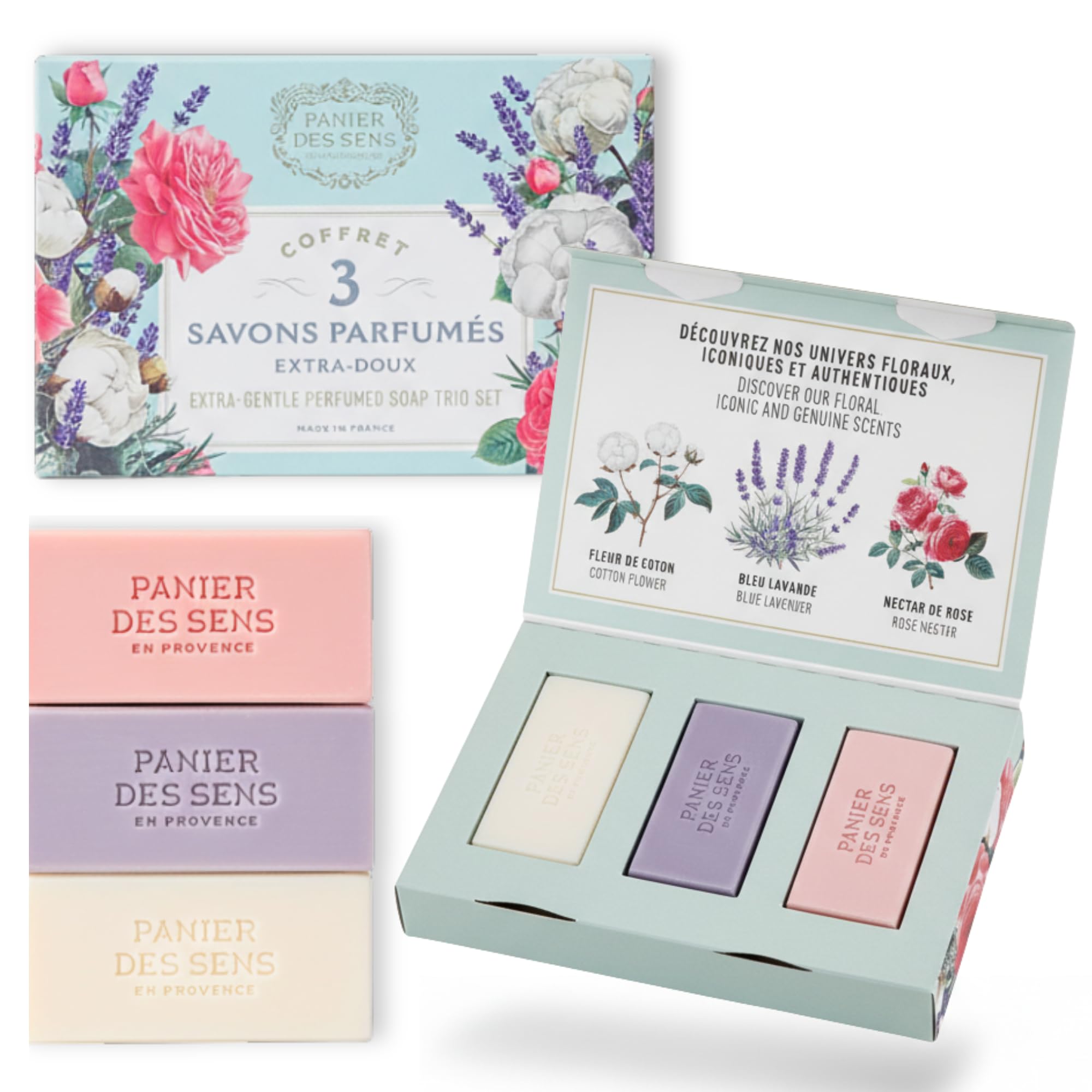 Gift Box - Luxurious Shea Butter Soap Trio – Cotton, Rose & Lavender Scents – Perfect Gifts for Woman - French Gift Set - 97% Natural Ingredients -3x100g