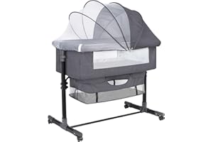 GoFirst Bedside Bassinet for Baby, Bedside Sleeper with Wheels, Heigt Adjustable, with Mosquito Nets, Large Storage Bag, for Infant/Baby/Newborn (Grey)