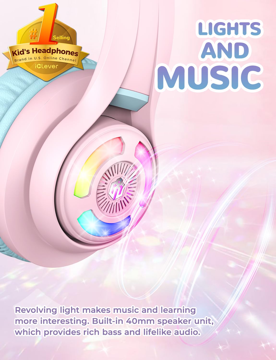 iClever Cat Ear Kids Bluetooth Headphones, LED Lights Up, 74/85dBA Safe Volume Limited, 50H Playtime,Bluetooth 5.2, USB C, Kids Headphones Wireless for Travel iPad Tablet, Meow Macaron Pink