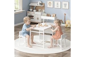MAHANCRIS Kids Desk and Chair Set for 2, Toddler Table and Chair Set with Storage for 3-8 Years Old, Wooden Kids Study Desk for Writing & Drawing, Toddler Activity Table for Playroom, White KDWT12101