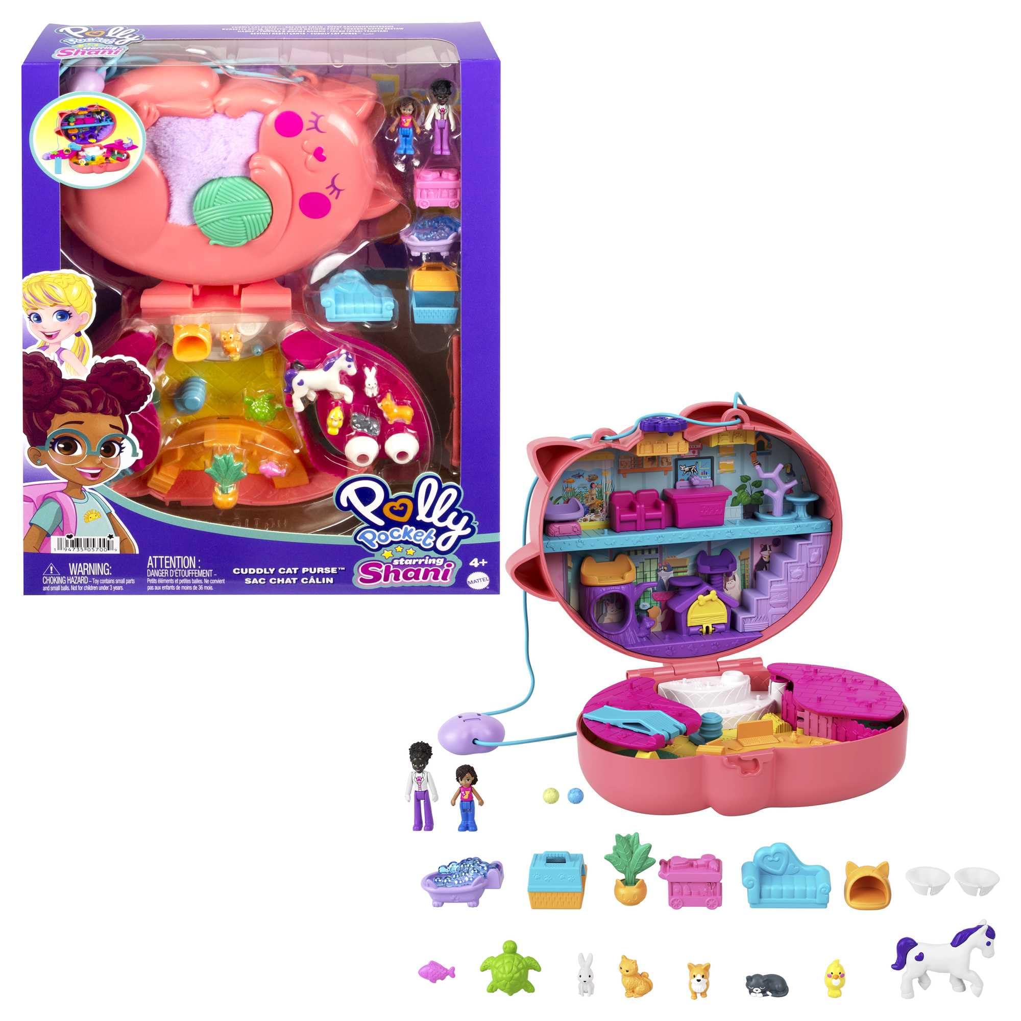 Polly Pocket Starring Shani Cuddly Cat Purse, Pet Vet Theme with 2 Micro Dolls & 18 Accessories, Pop & Swap Peg Feature, Great Gift for Ages 4 Years Old & Up, HGT16