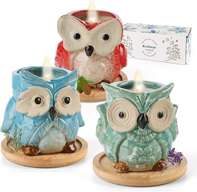 Kinforse Whimsical Owl Soy Candle Gift Set 3 Pack Lavender Cedar Rosemary