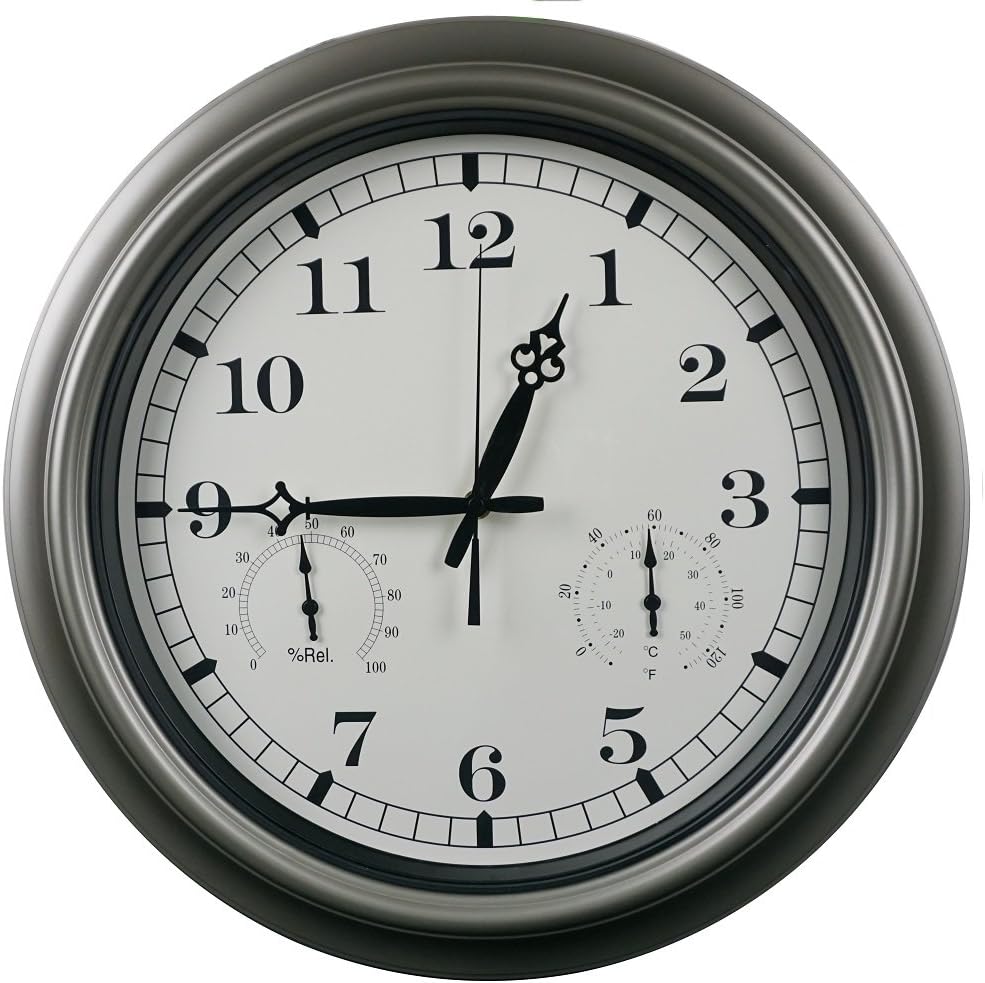 Swonda Large Silent Waterproof Wall Clock with Thermometer and Hygrometer for Indoor or Outdoor, Non-Ticking, 18 inch (Outdoor Clocks, 18 inch)