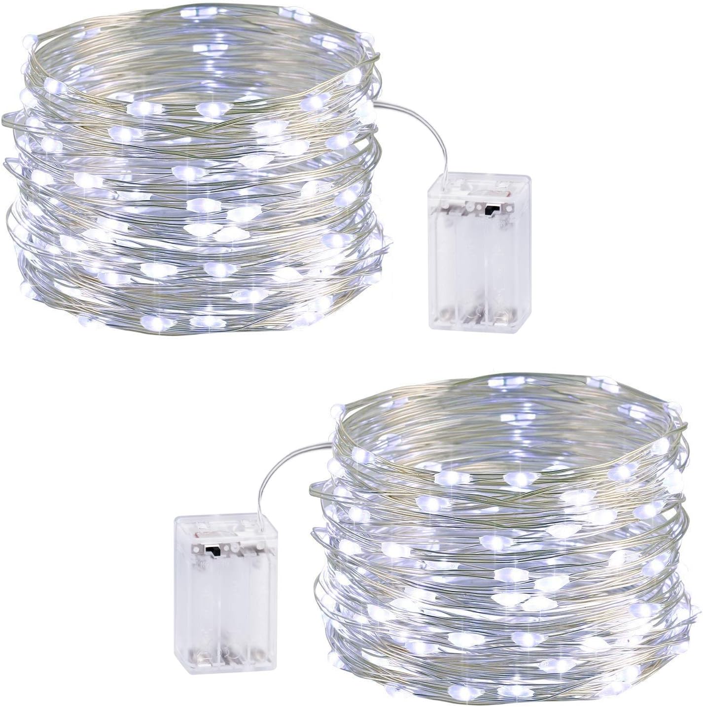 Fairy String Lights,2 Set Battery Silver Wire with 33ft 100 LED Firefly Lights String Lighting UL588 Approved for Patio, Garden, Yard, Square, Christmas, Halloween，Wedding Decor ，Cool White