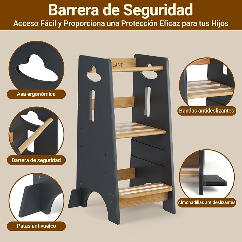 Torre de Aprendizaje para Niños - Torre de Aprendizaje de Madera para Bebés de 1 a 6 Años - Altura Ajustable en 3 Niveles - 80CM - Gris Clásico y Natural