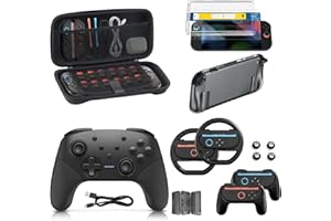 BINBOK VR Switch 2 Accessories Bundle for Nintendo, 16 in 1 Game Kit: Carrying Case, Wireless Controller, Screen Protector with Auto-Alignment OneTouch, Steering Wheel, Joycon for Grip, Protective Case