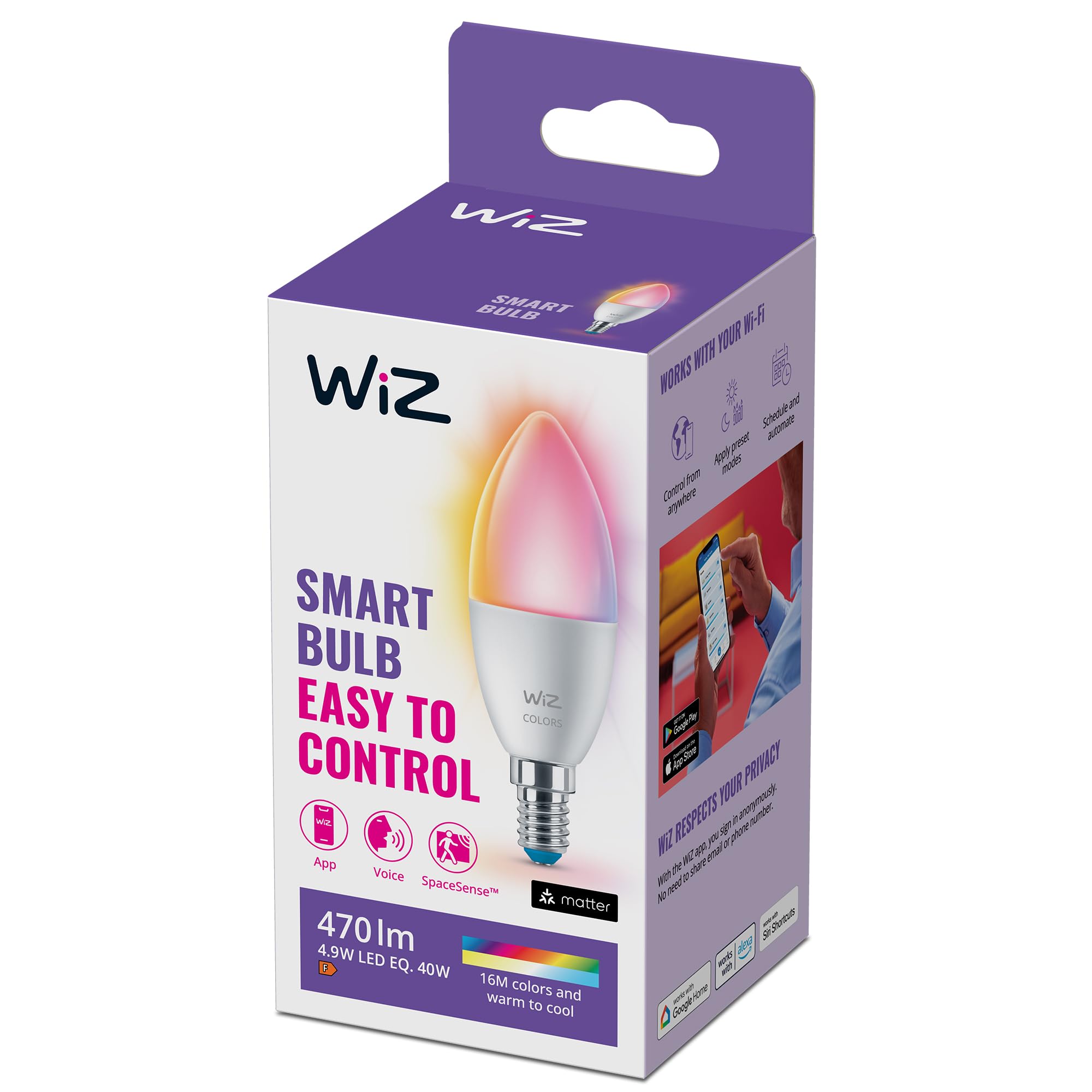 WiZ Smart Colour & White Candle Light Bulb, E14 Small 40W, Smart LED Connected WiFi Works with Alexa, Google Assistant & HomeKit, App Control for Livingroom, Bedroom, Energy Monitoring