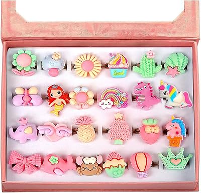 OSDUE 24Pcs Adjustable Little Girl Ring Set in Box Mermaid Flower Butterfly