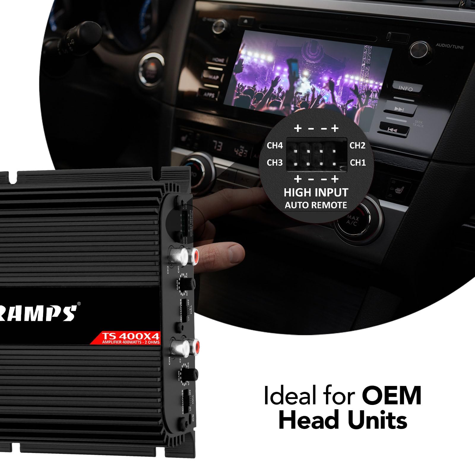 Taramps TS 400x4 Black with Automatic High Level Input 400 watts RMS 4 Channels Full Range Car Audio Amplifier RCA Input Class D 2 Bridged Channels Multichannel Amplifier System