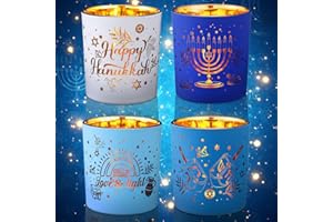 Qinyoung Happy Hanukkah Menorah Candle Holder Set of 4, Hanukkah Decorations Tea Light Votive Candle Holders for Table Jewish Holiday Party Favors and Gifts