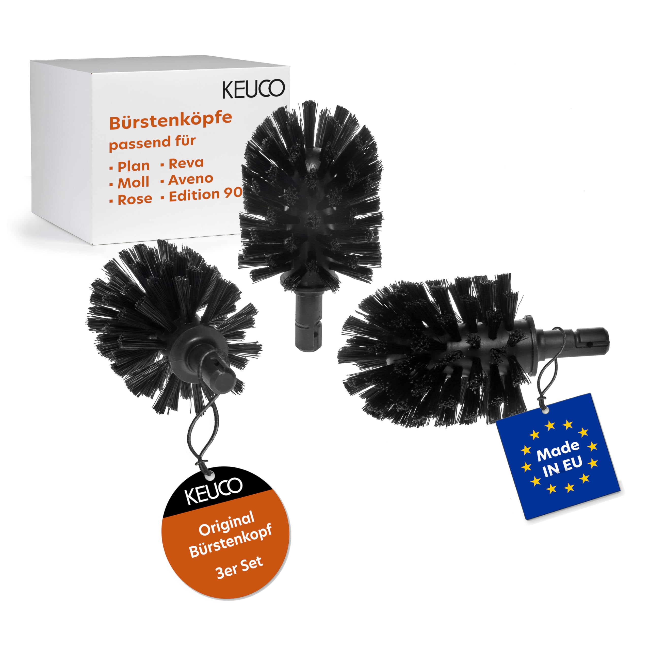 KEUCO Replacement Toilet Brush Head, Interchangeable, Set of 3, Loose, 12.7 x 6.7 cm, Black, Original Manufacturer, Toilet Brush Replacement Brush Head