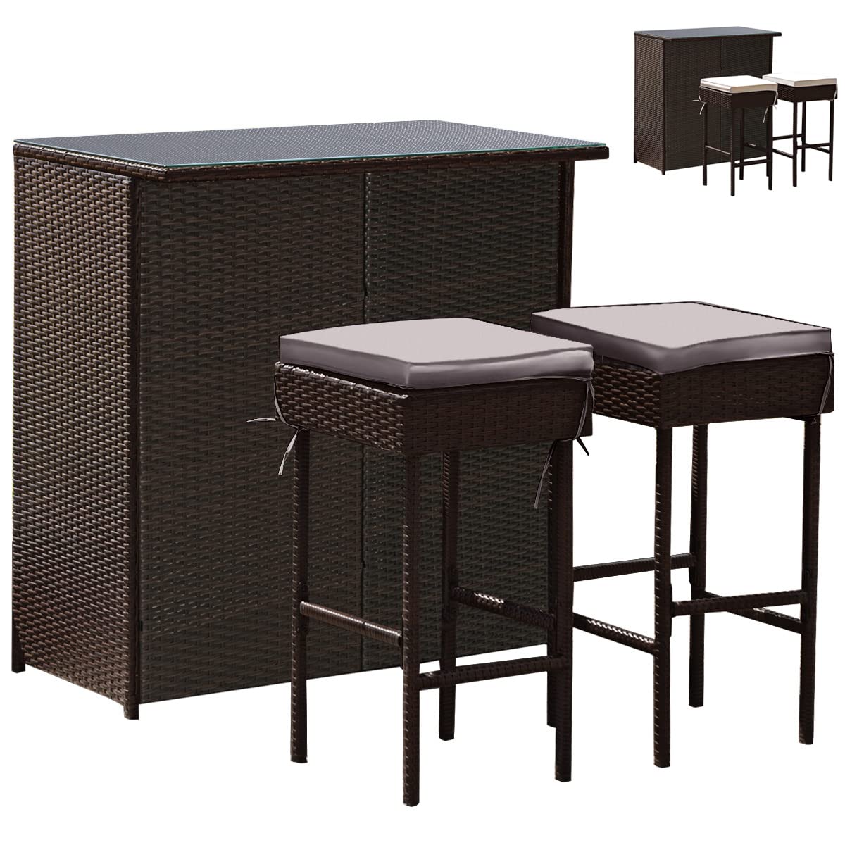 Tangkula Patio Bar Set, 3 Piece Outdoor Rattan Wicker Bar Set with 2 Cushions Stools & Glass Top Table, Gray & Off White Cover, Outdoor Furniture Set for Patio Backyard Porch Garden Poolside Image Tangkula Patio Bar Set, 3 Piece Outdoor Rattan Wicker Bar Set with 2 Cushions Stools & Glass Top Table, Gray & Off White Cover, Outdoor Furniture Set for Patio Backyard Porch Garden Poolside Image