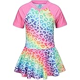 Girls One Piece Swimsuits Hawaiian Skirted Bathing Suit for Kids Girls Summer Swim Dress Short Sleeve Swimwear 3-16 Years