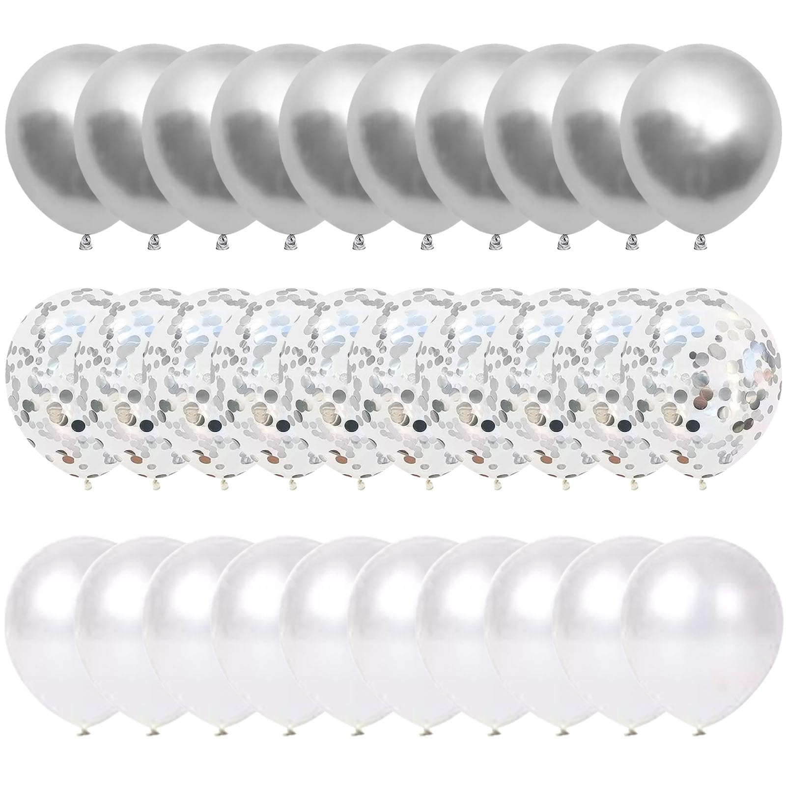 60pcs 12Inches Sliver and White Balloons Set, 20 Metallic Silver Balloons, 20 Silver Confetti Balloons, 20 White Latex Balloons Helium Balloons Wedding Balloons Anniversary Silver Wedding Decorations