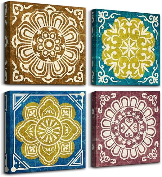 Amazon Com 4 Piece Framed Canvas Wall Art For Living Room Family Bathroom Wall Decor Retro Pattern Abstract Painting Farmhouse Kitchen Bedroom Decoration Grilles Abstract Canvas Pictures Artwork For Home Walls Posters