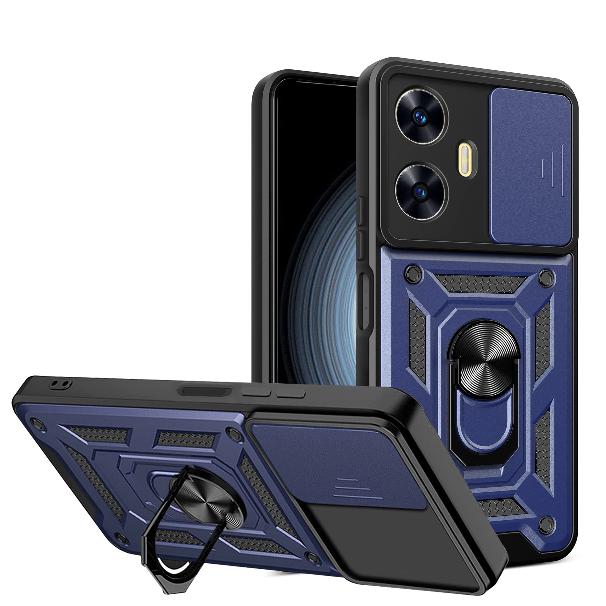 ESTH® Case for Realme C55 with Slide Camera Cover, Military Grade Shockproof Protective Cover with Rotatable Metal Ring Kickstand [Support Magnetic Car Mount], Blue