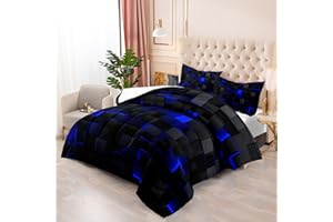 Nttopship Geometric Blue Black Comforter Set,Light Honeycomb 3 Piece Bedding Set Twin Size for Teen Boys,Modern Quilt Set Geometry Decor,Microfiber Lightweight 1 Comforter 2 Pillowcases All Season