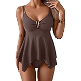 Aidonger Tankini Swimsuit for Women Tummy Control Two Piece Bathing Suit V Wire Neck Swimwear Flowy Swim Top with Bottom