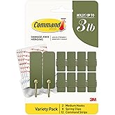 Command Mixed Hooks Pack, 10 Sage Hooks, 12 Strips (2 Medium Hooks, 8 Spring Clips), Wall Hooks for Hanging Christmas Decorations