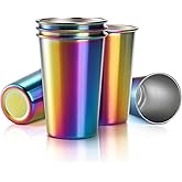 Tosnail 6 Pack 16 oz Stainless Steel Pint Cups Metal Cups Unbreakable Drinking Glasses Water Tumblers for Kids, Adults Indoor and Outdoor Use - Rainbow