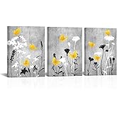 LoveHouse Yellow and Grey Wall Art Wildflower And Butterfly Canvas Prints Bathroom Wall Decor Boho Botanical Paintings Vintage Floral Pictures