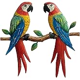 Limygus Metal Two Parrot Wall Decor, Bright Color Tropical Bird Outdoor Wall Art Patio Fence Decorations, Hanging Bird Decor for Garden Yard Living Room Bedroom Balcony