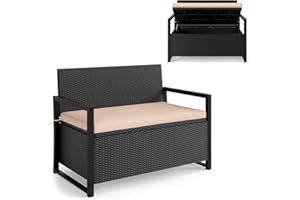 RELAX4LIFE Wicker Outdoor Bench with Storage - Rattan Deck Box w/Protective Liner for Pillows, Pool Supplies, Garden Tools, P