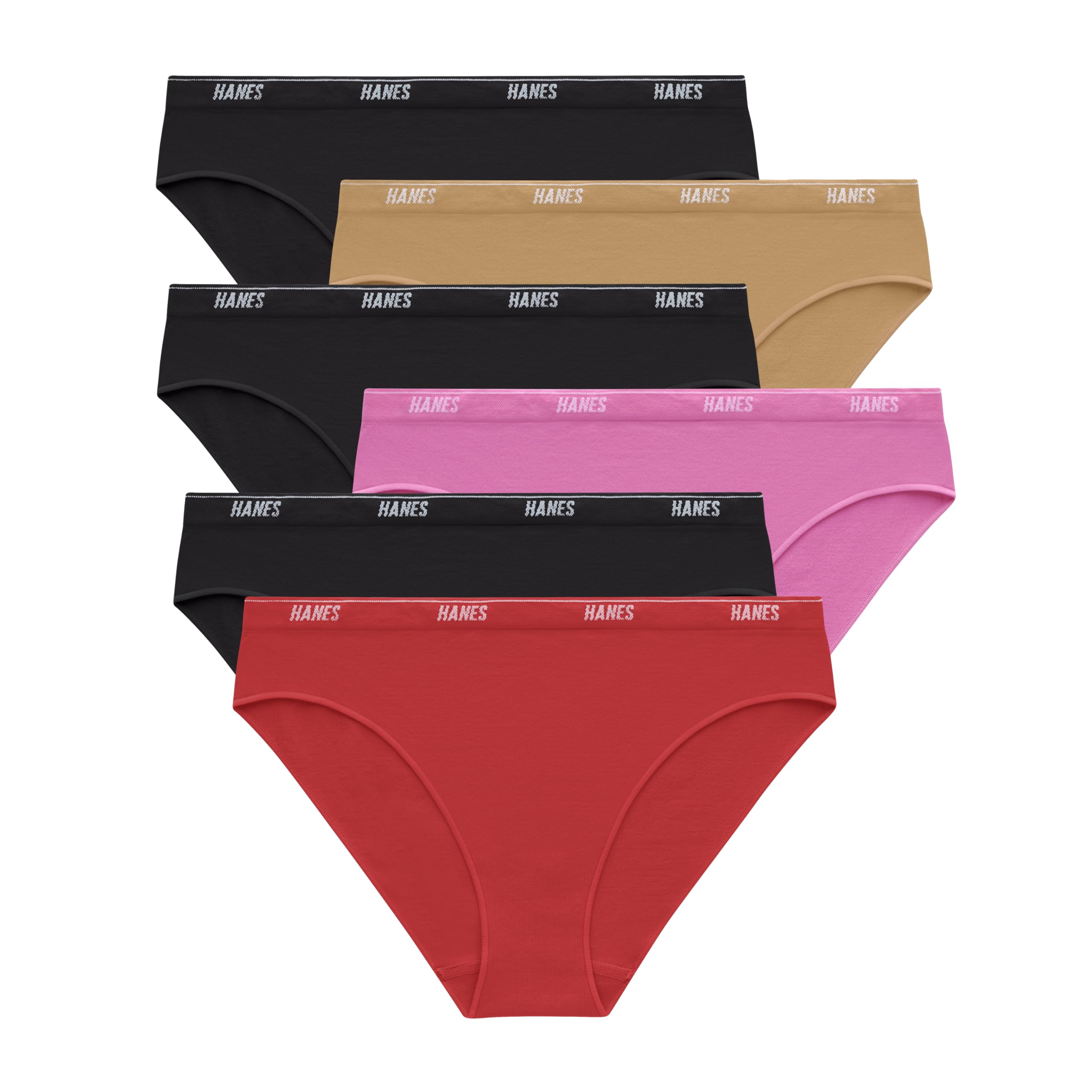 Photo 1 of (BAGGED) Hanes Women's Moves Underwear, 360° Flex Stretch Panties, Smooth & Seamless Hipsters Thongs, 6-Pack, 6pk Bikini: Black x3/Almond/Red/Pink
