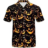 Eciodci Men's Halloween Button Down Shirt Pumpkin Skull 3D Printed Novelty Funny Short Sleeve Shirts for Men