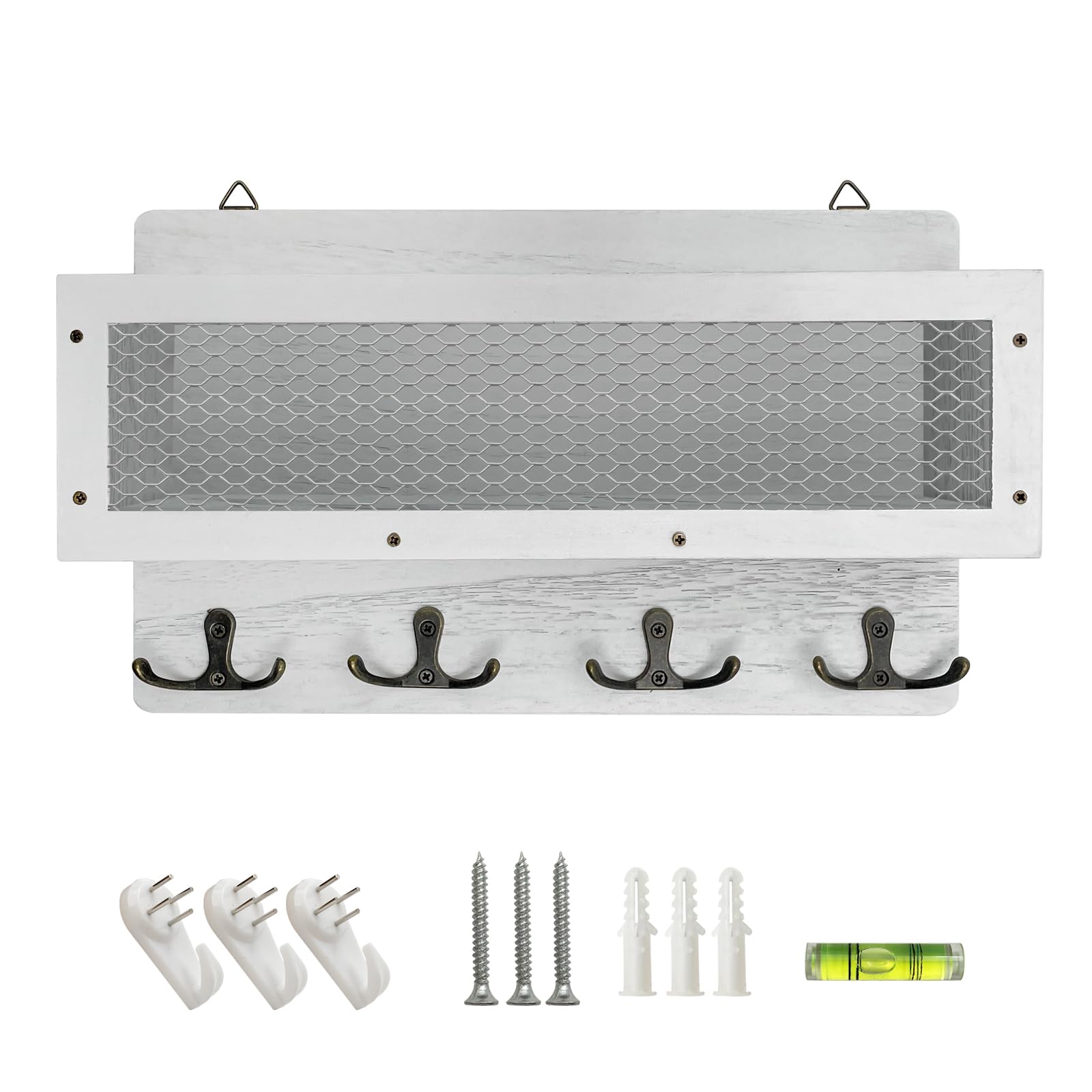 LYFJXX Post and Key Holder for Wall Decorative, Wooden Wall Key Rack Organiser with 4 Double Key Hooks, Wall Mount Key Hanger for Entrance, Storage, Living Room, Hallway, Kitchen (White)