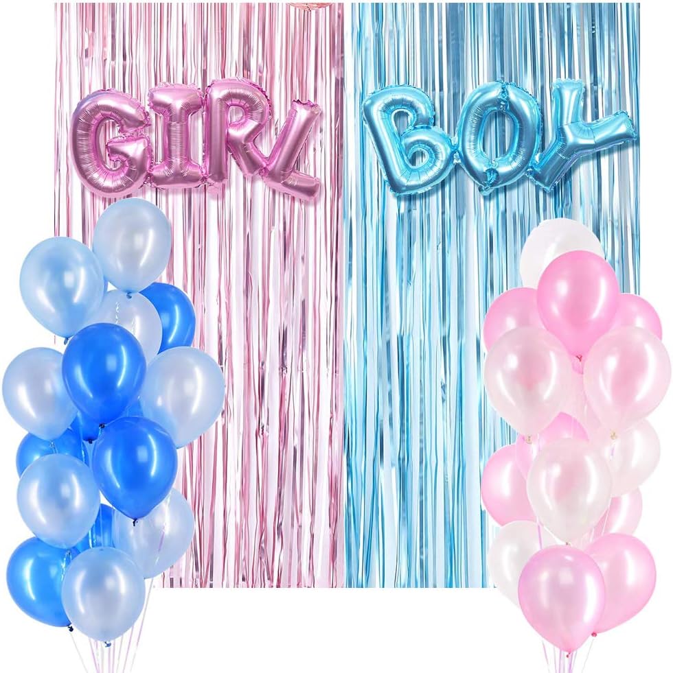 Gender Reveal Backdrop Kit - Metallic Fringe Curtains | Pink Blue Latex Balloon Mix | BOY Girl Foil Balloons Baby Reveal Boy or Girl Gender Reveal Decor (Pink/Blue)
