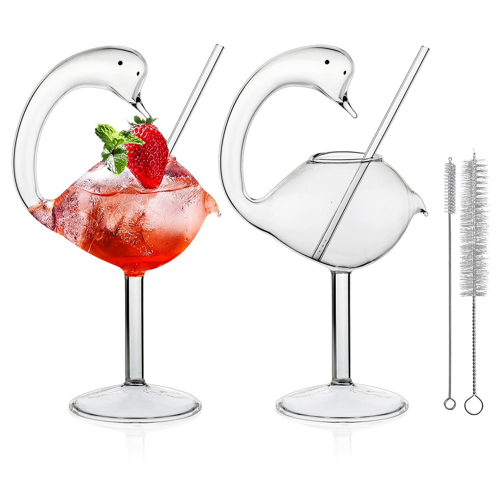 Novelty Cocktail Glasses 180 ml Swan Martini Cocktails Mixed Set Unique Wine Glasses Set of 2 with 2 Glass Straw Suitable for Cocktail,Wine,Martini,Tequila (Transparent)