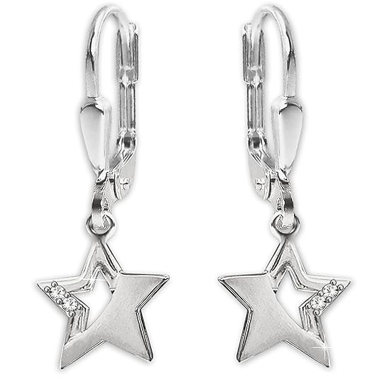 Clever Schmuck Silberne Damen Ohrhänger 24 mm mit Stern 9 mm matt und glänzend mit 2 Zirkonias teils offen STERLING SILBER 92