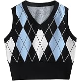 Floerns Women's Argyle Plaid V Neck Sweater Vest Sleeveless Knitted Casual Crop Tops