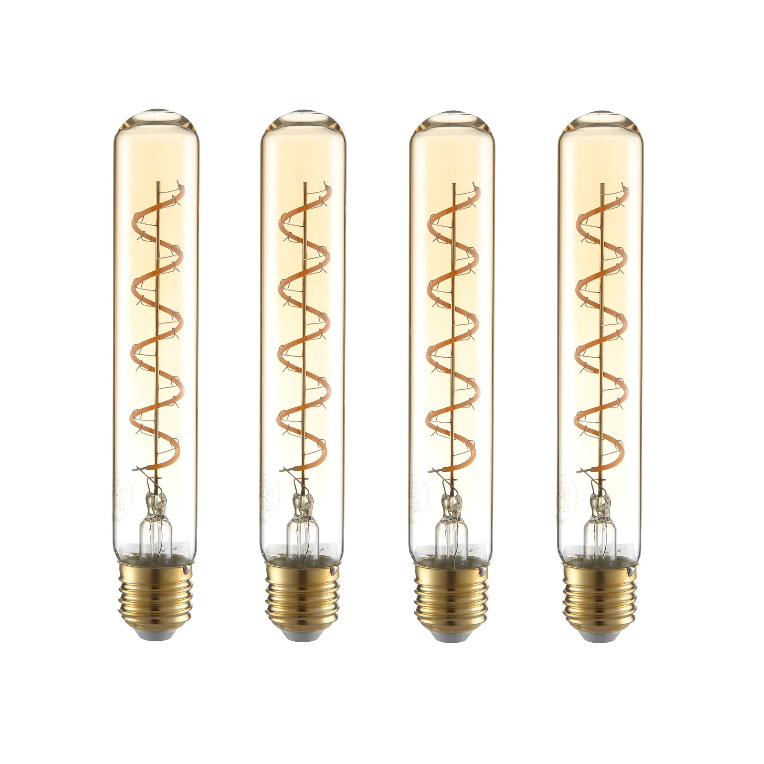 TEKLED® T30 Filament Vintage DIMMABLE LED Bulbs | 185mm Tubular E27 Edison Screw | Energy Saving 4W Light Bulb 24W Equivalent | Amber 2400K 240LM | 4-Pack | Warm White