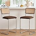 GrandNoor Natural Rattan Counter Height Stools Set of 2 with Solid Wood Back, 24 Inch Mid Century Modern Cesca Bar Stools, Brown Upholstery Boho Stool for Kitchen Counter with Chrome Metal Legs
