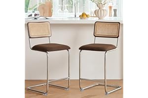 GrandNoor Brown Modern Counter Height Bar Stools Set of 2 with Natural Rattan Cane and Solid Wood Backs, 24 Inch Boucle Fabri