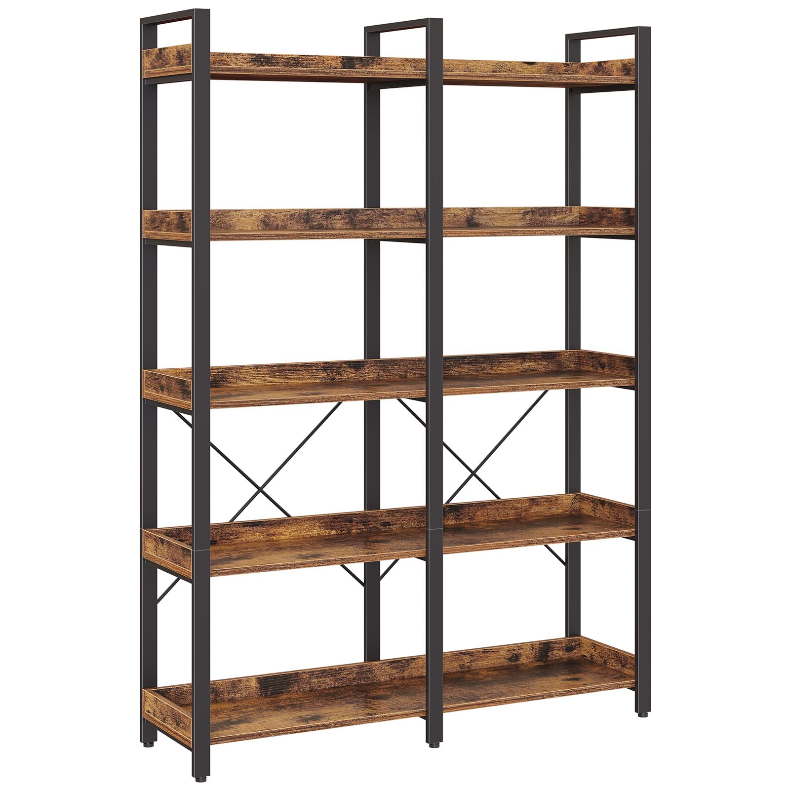 Seventable Bookshelf 5 Tier with 4 Hooks, 63” Industrial Wooden Bookcase, Vintage Storage Rack with Open Shelves, Rustic Standing Bookshelves Metal Frame 43.3” Wide Display Rack, Rustic Brown Image