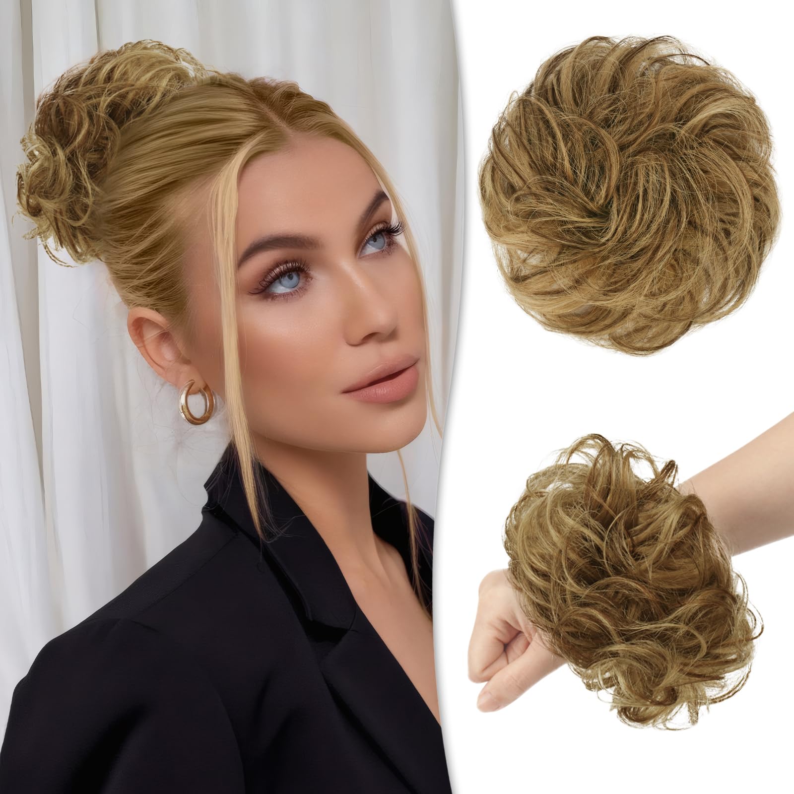 RUWISS Messy Bun Hair Piece 100% Human Hair Messy Rose Bun for Women Real Hair Scrunchies Updo Hairpieces Hair Chignon Extension（Chocolate Light Brown with Light Golden Blonde Highlight）