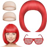 Aomig Short Bob Wig Set 4 Pack Neon Fancy Dress Wigs with Bangs Sunglass Cap