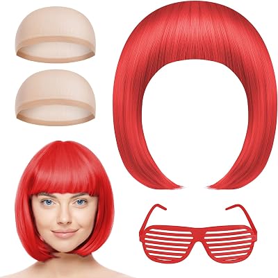 Aomig Short Bob Wig Set 4 Pack Neon Fancy Dress Wigs with Bangs Sunglass Cap