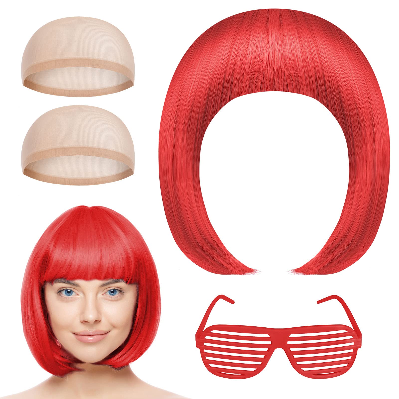 AOMIG Short Bob Wig Set, 4 Pack Neon Fancy Dress Wigs with Bangs, Sunglass and Wig Cap, Synthetic Straight Wig for Daily Halloween Decorations — image 1